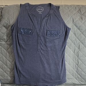 INC International Concepts Navy Blue Sleeveless Top with Sequin Accents